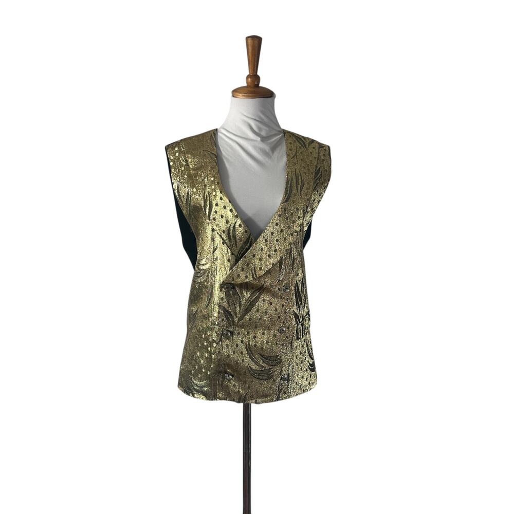 Vintage 80s Gold Metallic Lamé Brocade Custom Made Cocktail Vest L XL - Picture 5 of 9